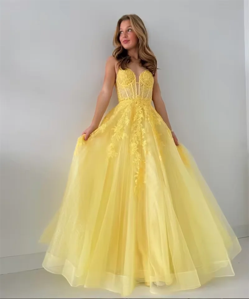 

Customized Elegant A-line Prom Dress Sparkling Yellow Tulle Side Split Graduation Dress Embroidery Lace Wedding Party Dress