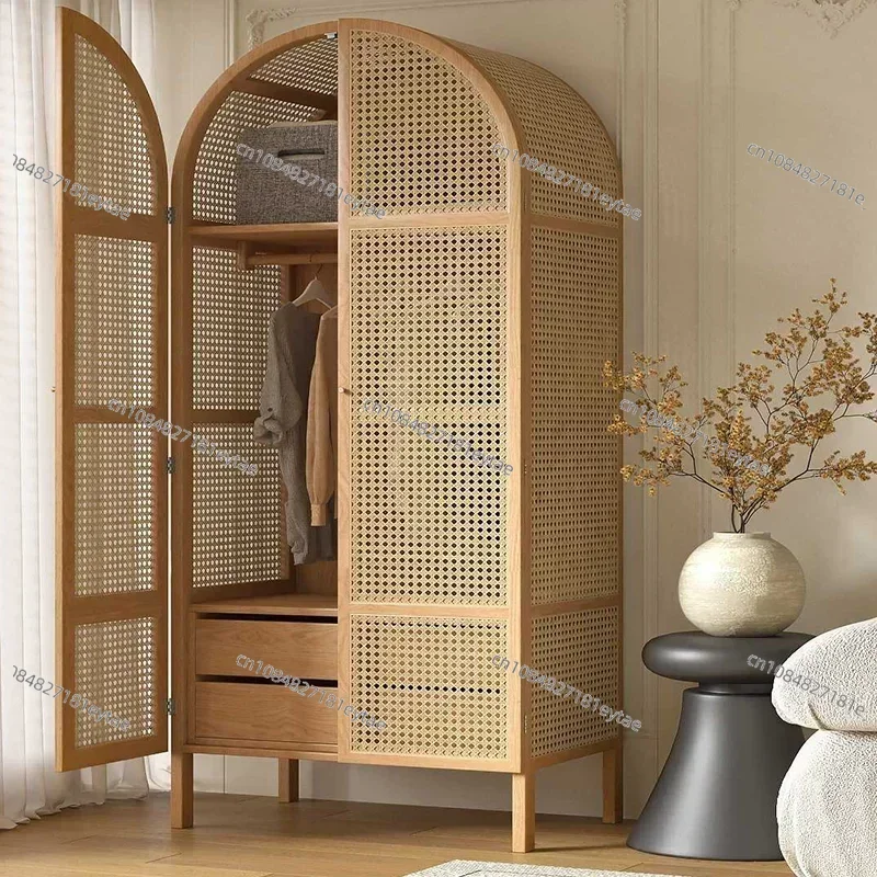 Rustic Rattan Woven Double Door Wardrobe Vintage No Install Floor Cabinet