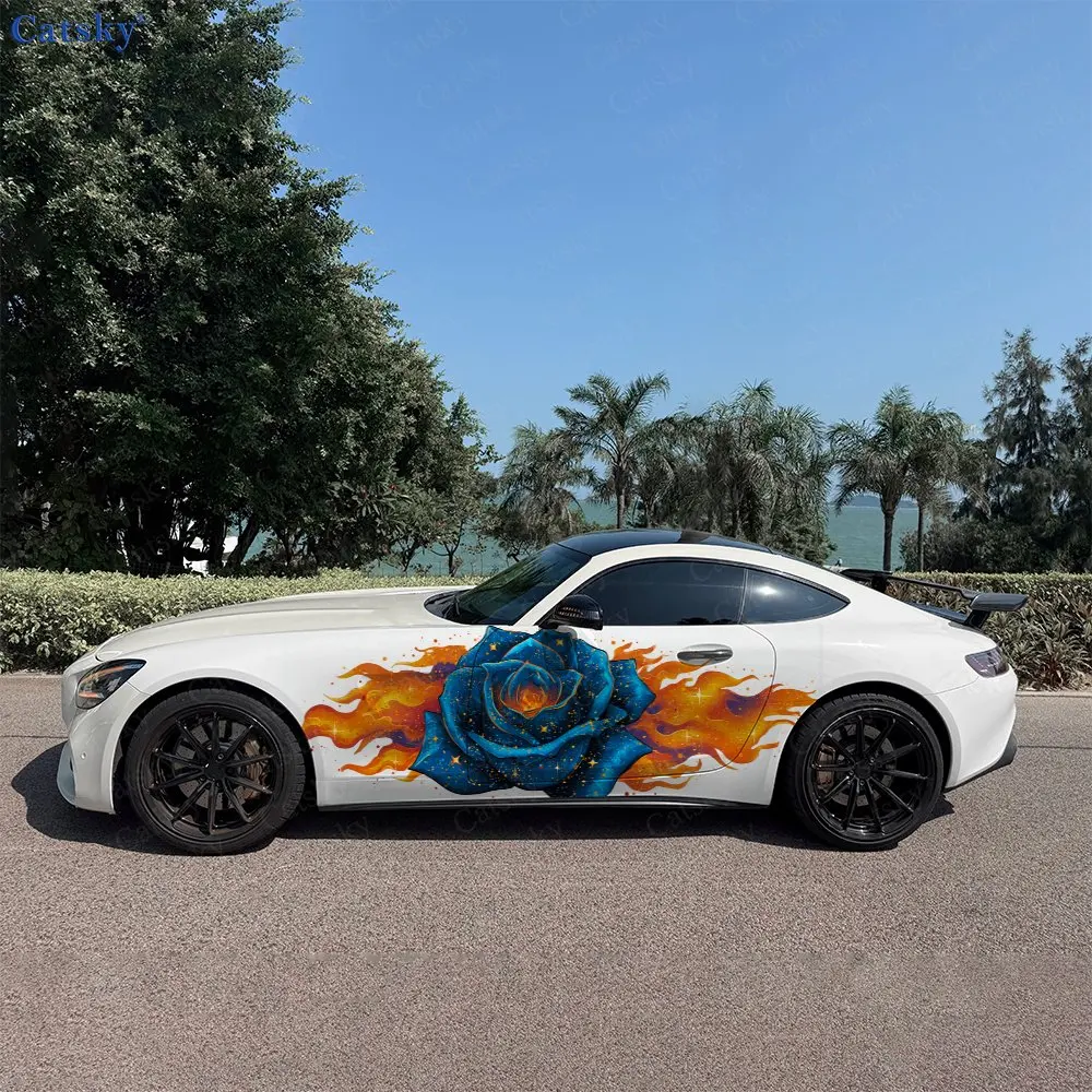 2pcs Flame Blue Rose Decal, Durable, Fade-Resistant, Enhance Your Vehicles Aesthetic With Bold Art Design Car Vinyl Wrap