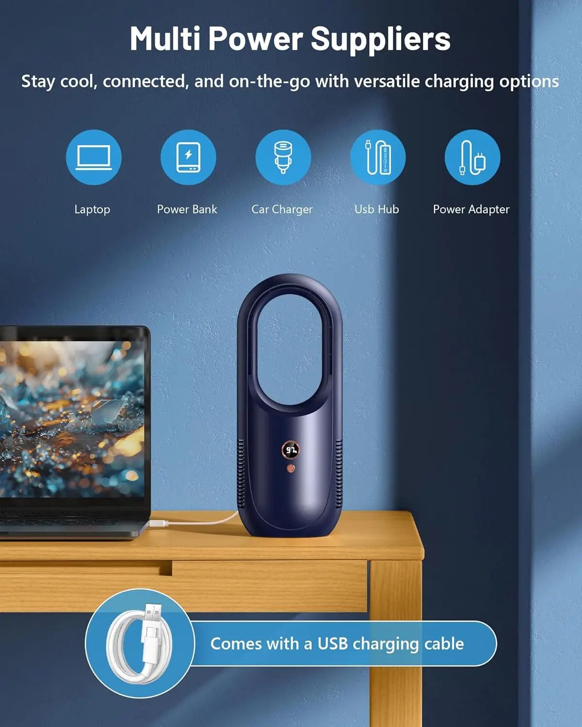 أوضاع مروحة مكتب خالية من الشفرة، مروحة صغيرة قابلة لإعادة الشحن، بطارية مكتب لطيف، سهلة التنظيف، مروحة مكتب صغيرة تعمل باللمس