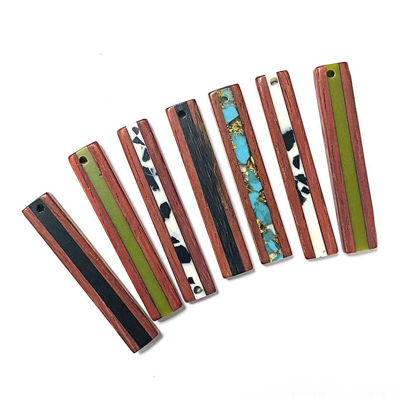 4pcs 46mm Splice Resin Wood Rectangle Stick Charms Vintage Art Pendant For Earring Necklace Keychain Jewelry Make