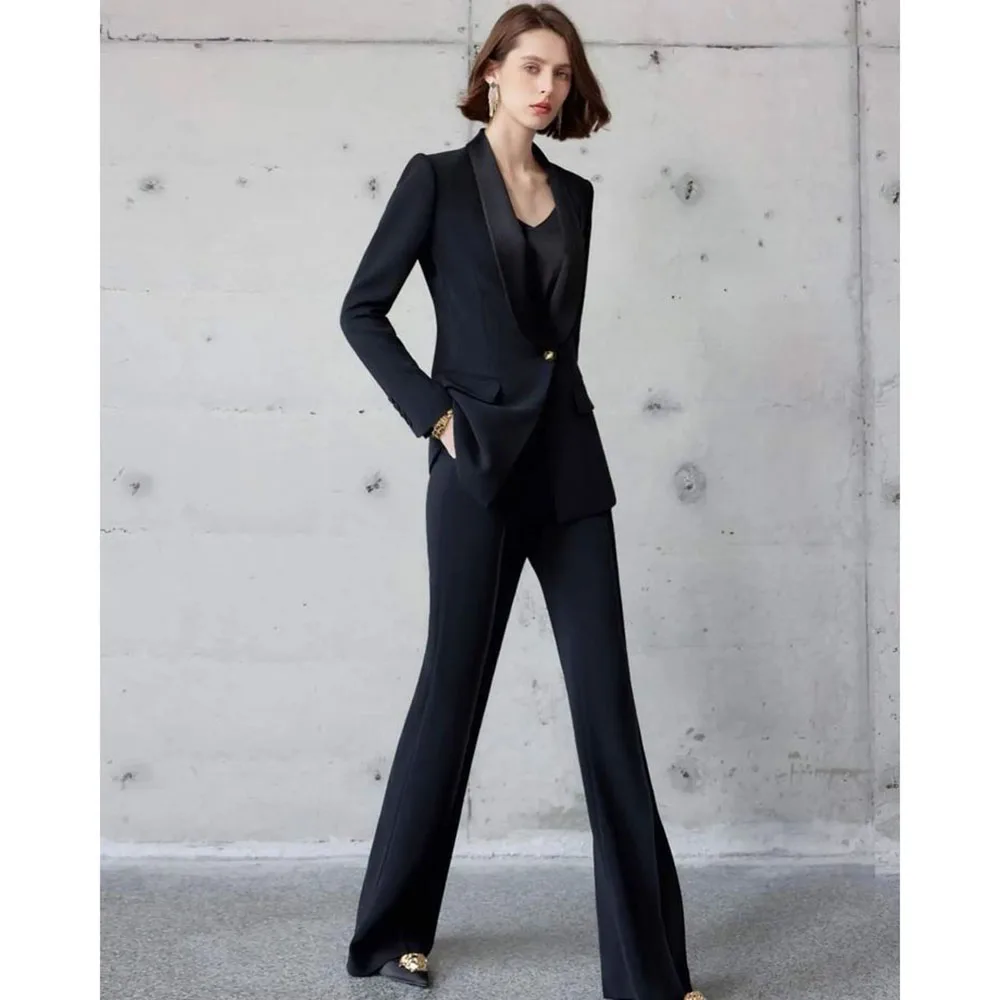 럭셔리 블랙 여성 정장 긴 소매 싱글 브레스트 플레어 바지 2 조각 여성 블레이저 세트 맞는 사무실 연회 레이디스 정장