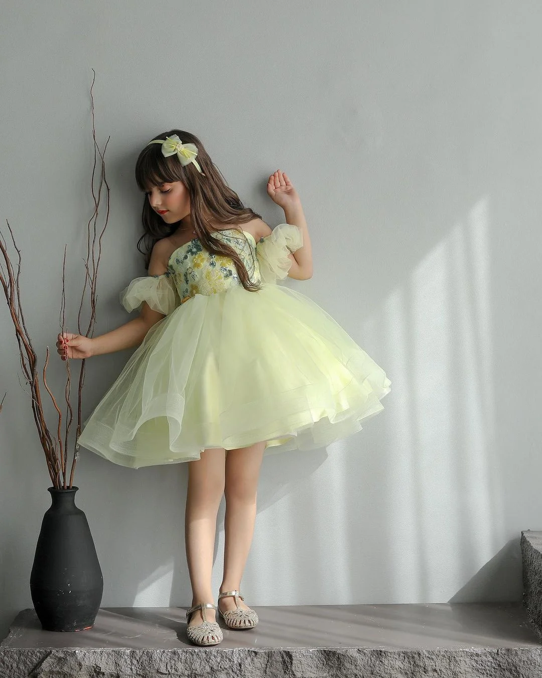 

Yellow Off Shoulder Flower Girl Dress Tulle Applique Puffy For Wedding Princess Child First Eucharistic Birthday Party Dress