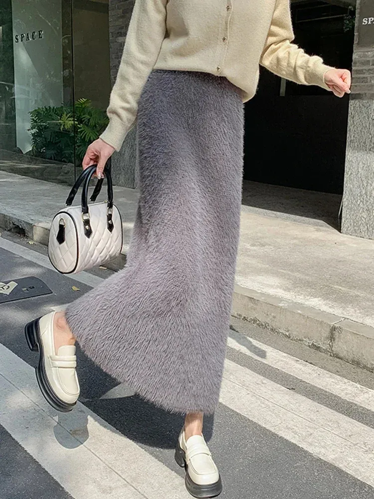 2024 Knitted Skirt Women Long Skirts 2023 Autumn Winter Warm High Waisted Korean Fashion Solid Casual Elegant Faux Fur Skirt