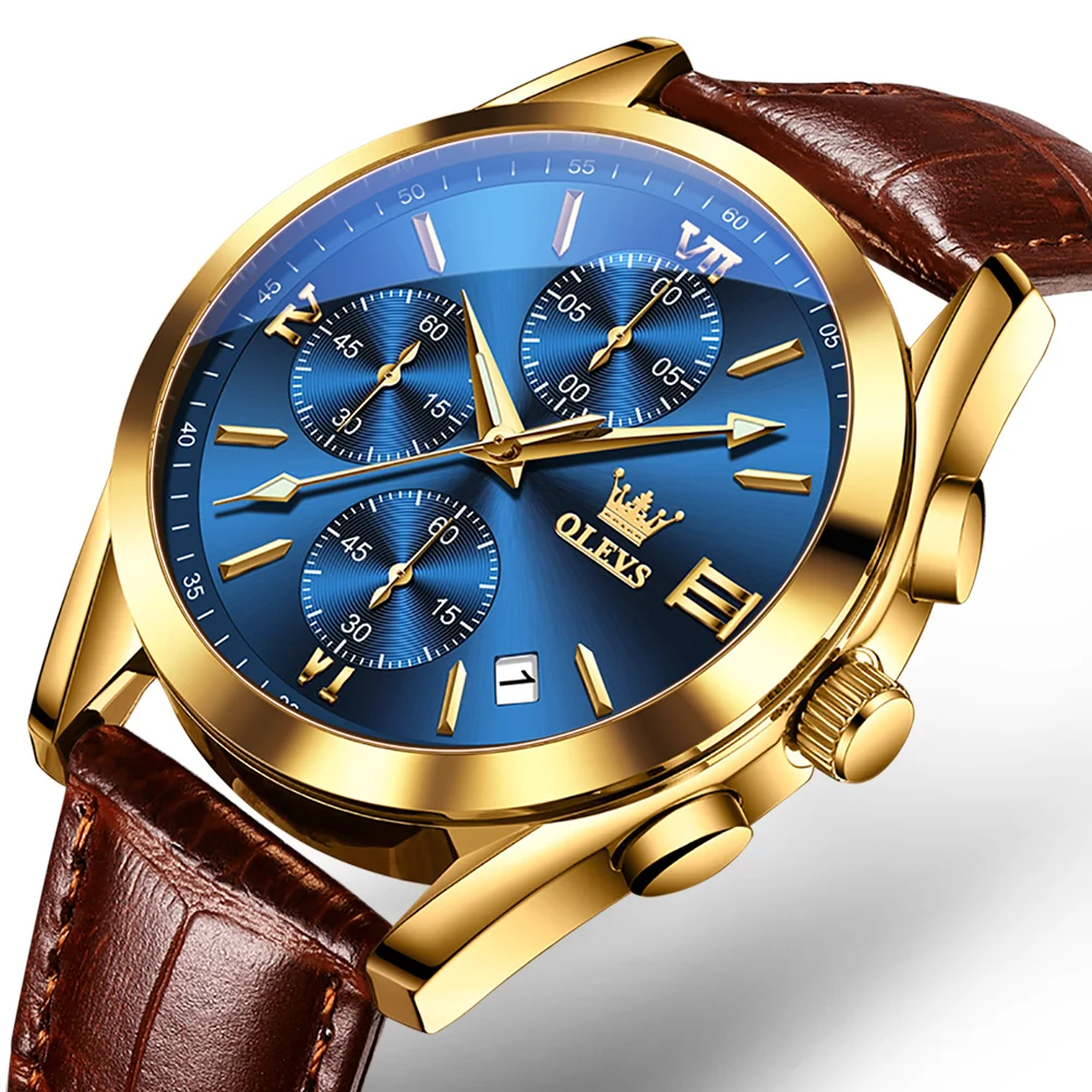 OLEVS-Montre à quartz chronographe pour homme, montres de sport étanches, marque de luxe supérieure, bleu doré, cadeau en cuir