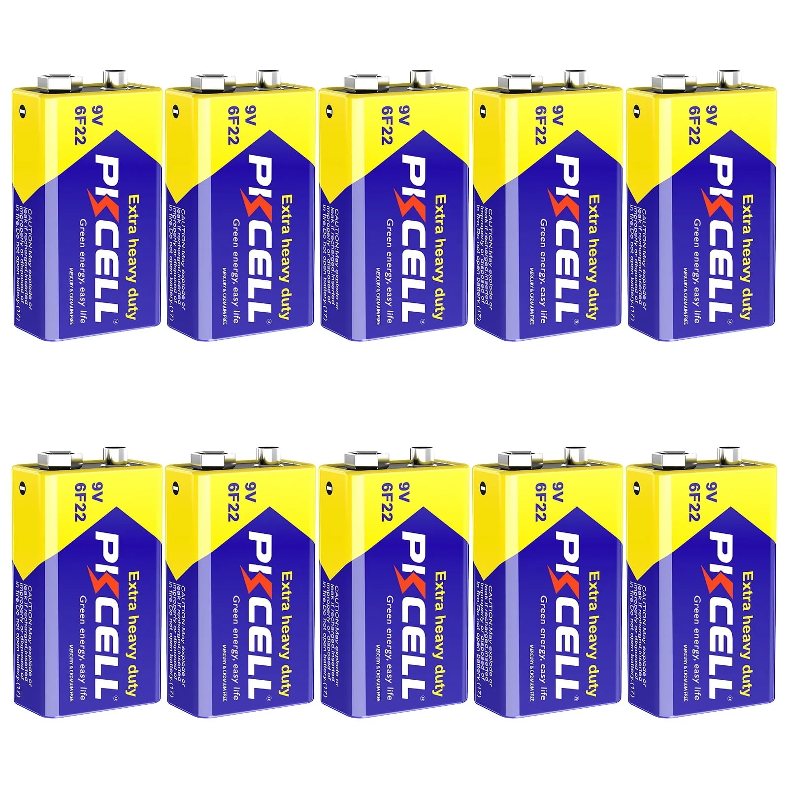 PKCELL 10PCS 9V 6F22 Super Heavy Duty Battery 6F22 Zinc Carbon Heavy Duty Batteries Perfect for Wireless Microphones