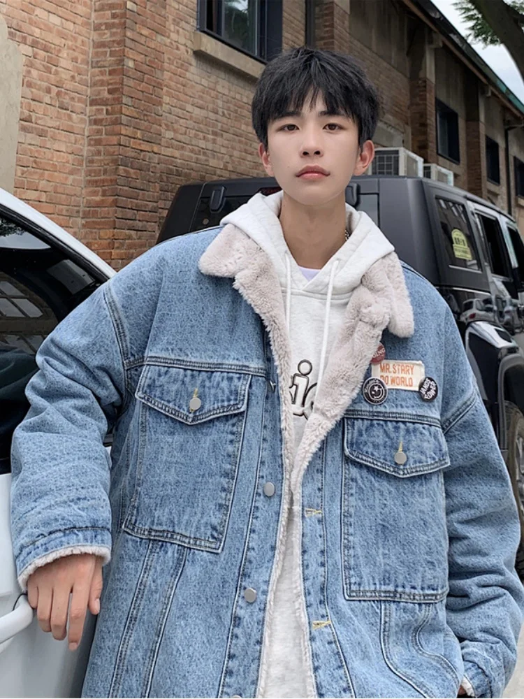 

Retro American Denim Cotton Jaet for Men Winter Thiened Wool Collar Warm Cotton Outerwear Lamb Velvet Collar Workwear Jaet