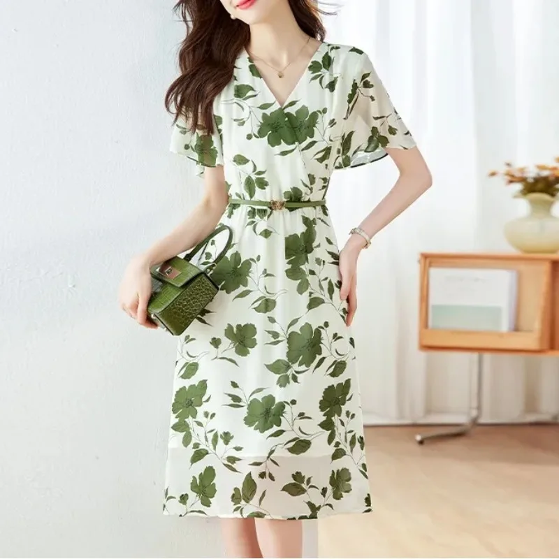 

Women's Summer Pullover V-Neck Sashes Flower Ruffles Printed Chiffon Short Sleeve Casual Elegant Office Lady Knee Vacation Dress