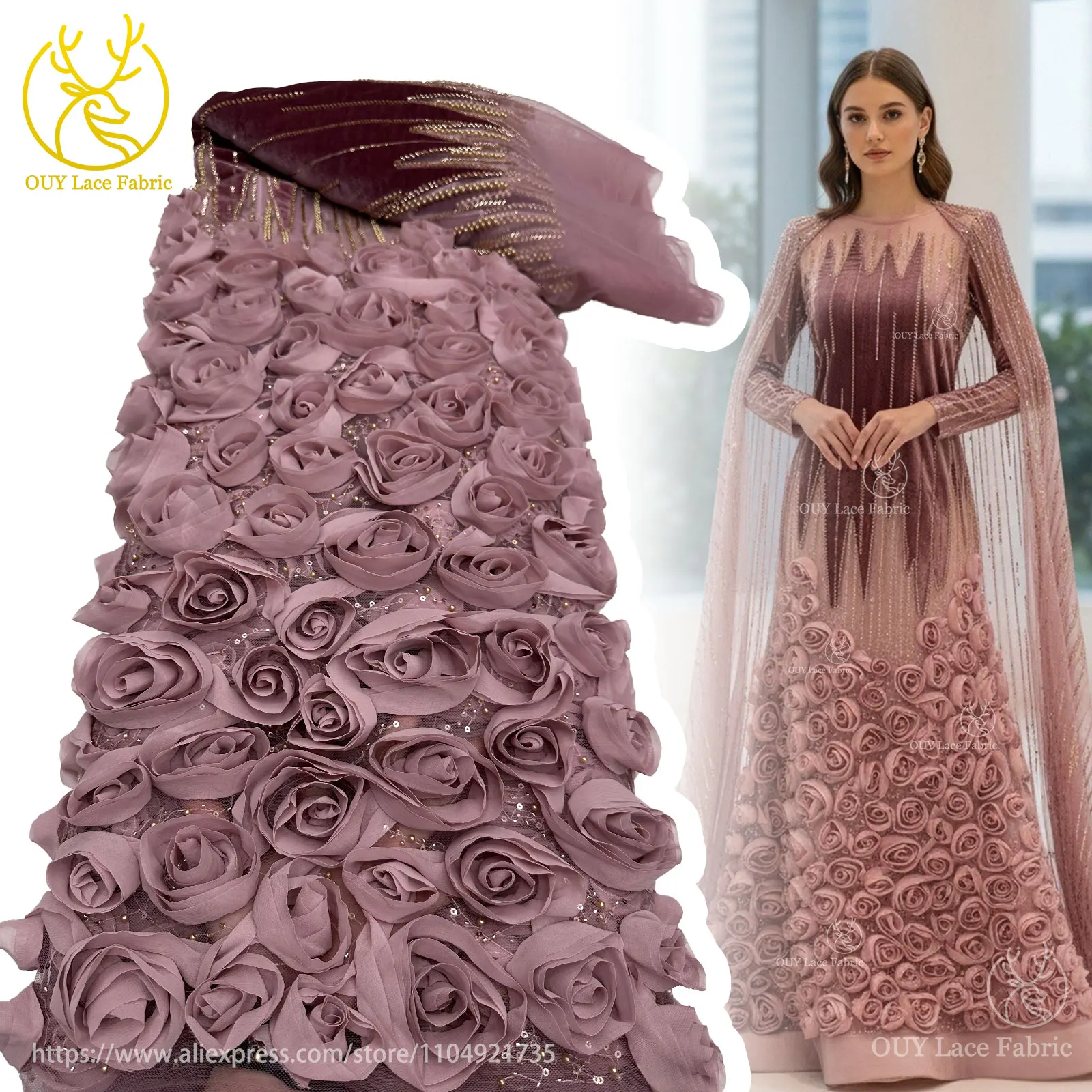 ثلاثية الأبعاد الأزهار الأفريقي صافي المخملية المطرزة مطرز أقمشة الدانتيل 2026 النيجيري مطرزة أقمشة الدانتيل مناسبة لفساتين الزفاف #2