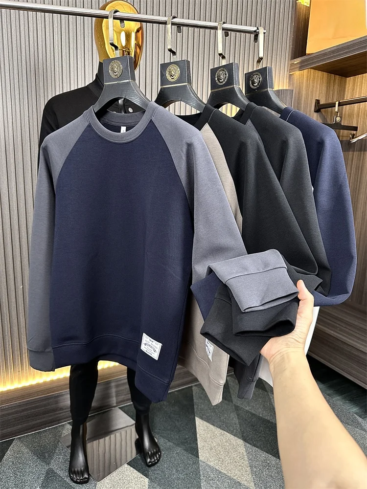 Camiseta de Manga Longa com Gola Redonda Estilo Casual Americano Retrô, Série Color Block para Homens, Moda de Outono