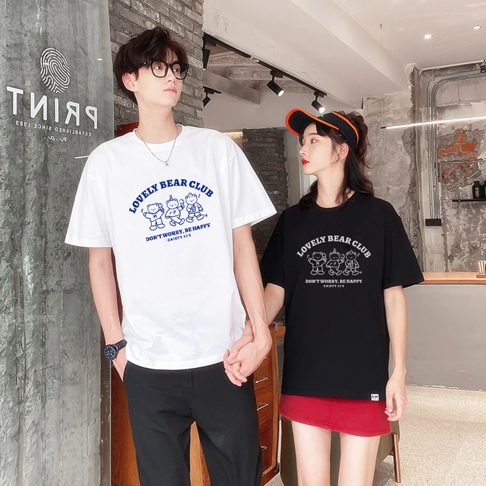 

Cartoon Lovely Bear Print Couple T-shirt Tee 100% Cotton Oversized Streetwear Summer Girl Boy Short Sleeved Tshirt Tops