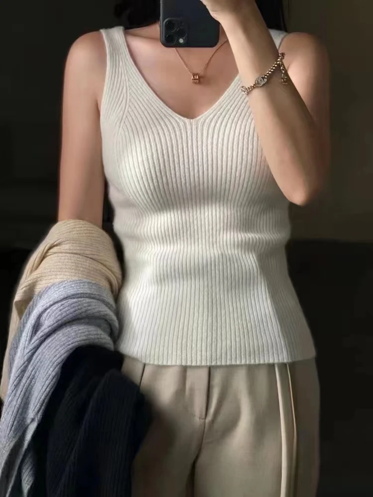 

Women Pure wool camisole vest Pullover V-neck Sleeveless Spring Autumn 100% Merino Wool Knitwear Waistcoat Basic Sweater Top