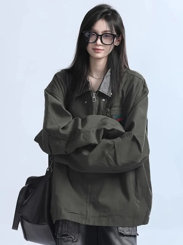 Zoki American Y2K Cargo Jackets Women Streetwear Loose Vintage Harajuku Coats Casual Long Sleeve Patchwork Bf Retro Outwear Tops