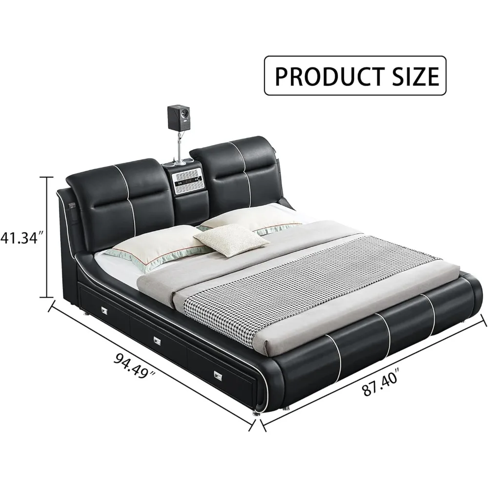 Multifunctional King Size Bed Frame, 720P Projector/Air Purifier/Massage Function/Music Speaker/USB Port/Storage Drawers