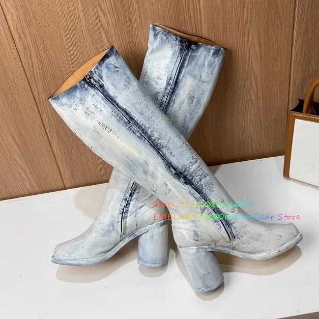 Designer Brand Zipper Knee High Boots Women Split Toe Speckled Ink Hand-painted Genuine Leather Thick Heel Fashion Shoes