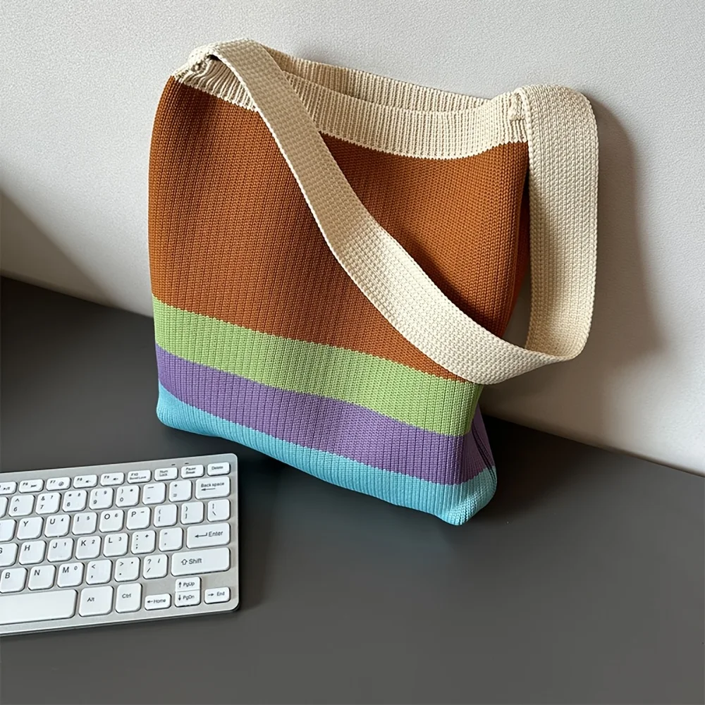 Neue Regenbogenfarbene Stricktasche im koreanischen Stil, einfache und vielseitige gestreifte Handtasche, Schultertasche, große Kapazität, Damentasche – Detail 8