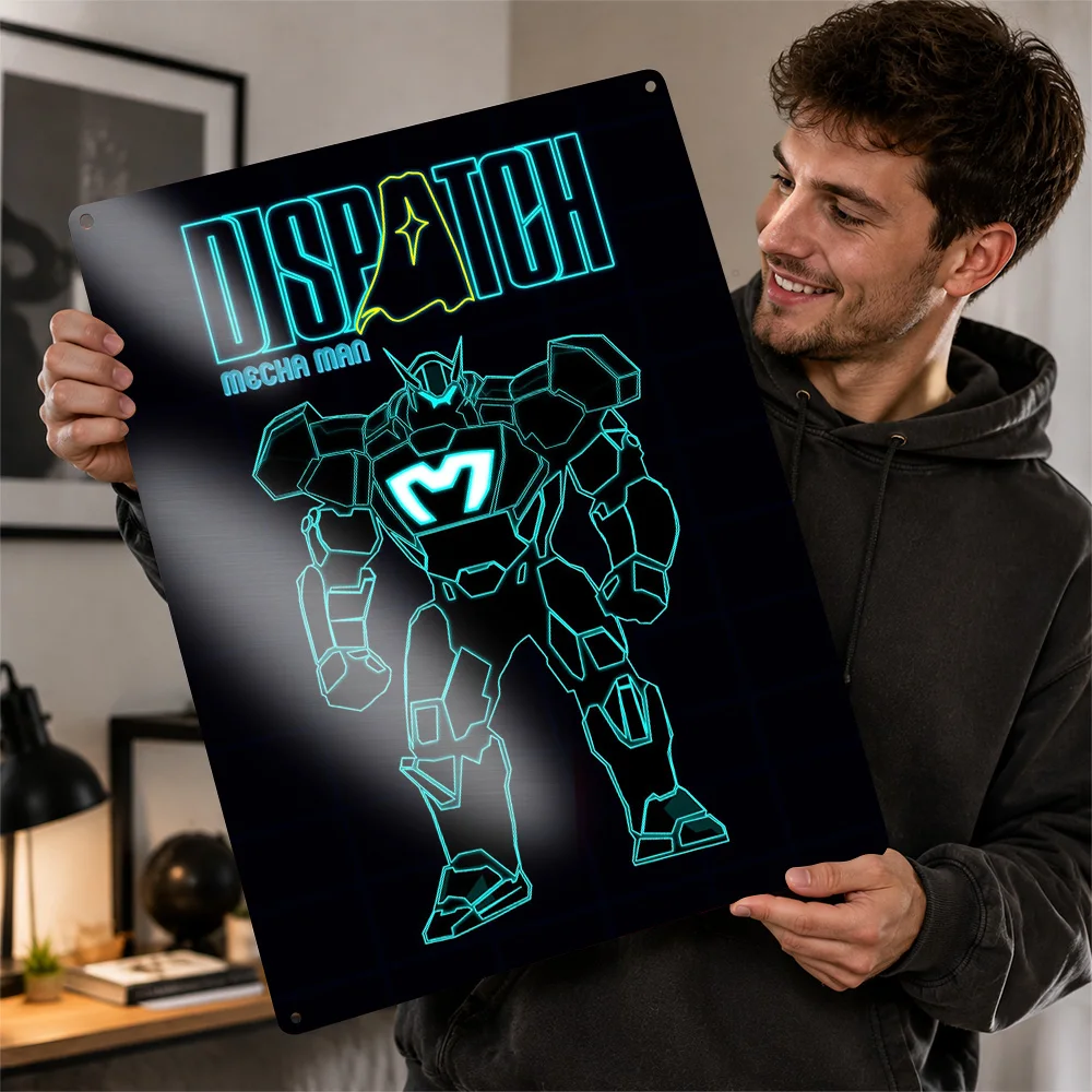 Dispatch Mecha Man Neon Art Personalized 3D Textured Metal Poster Wall Art Vintage Tin Signs for Room Decorating Interior Decor