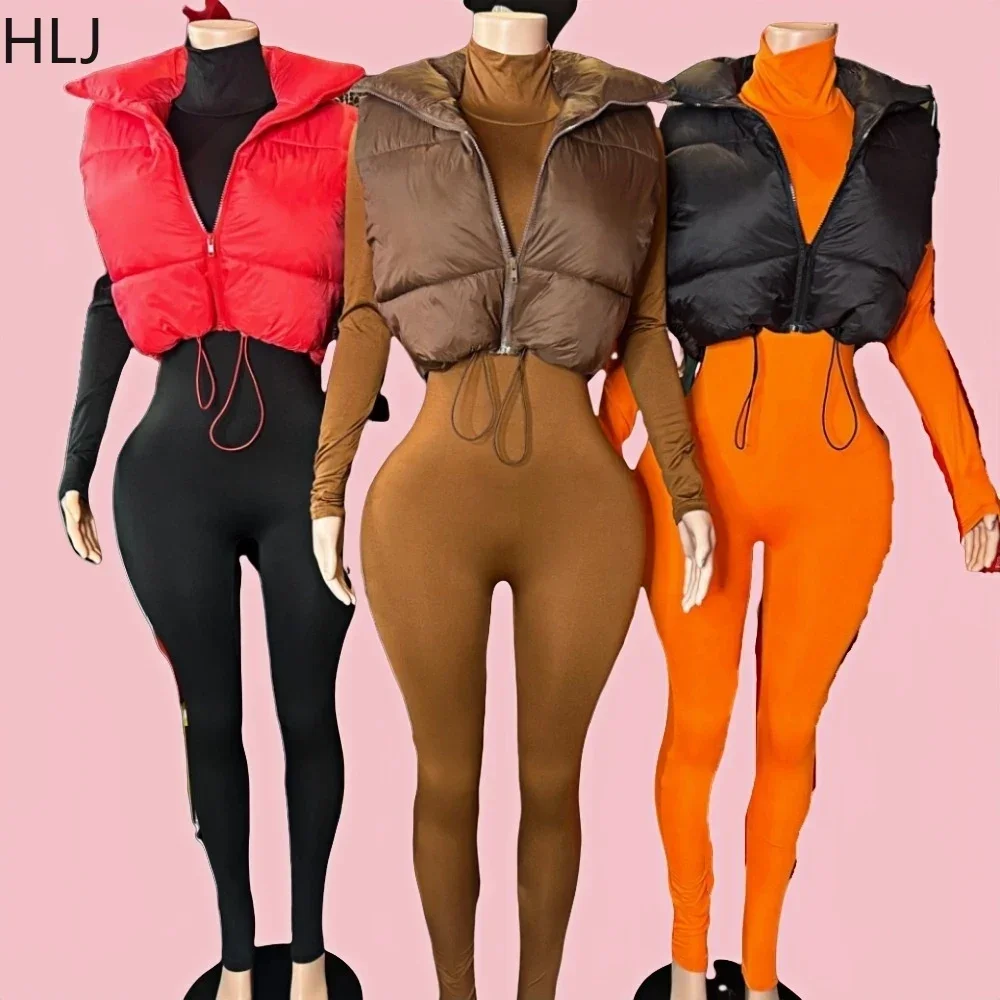 

HLJ&GG Casual Warm Cotton Padded Crop Waistcoat Two Piece Sets Women Long Sleeve Bodycon Jumpsuits And Zip Top Outfit Streetwear