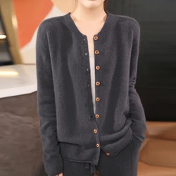 100% Wool Cardigan Sweater Women Sweater Fashion Solid Color Long Sleeve Top Autumn Winter Knit Female Casual Loose Warm Jacket