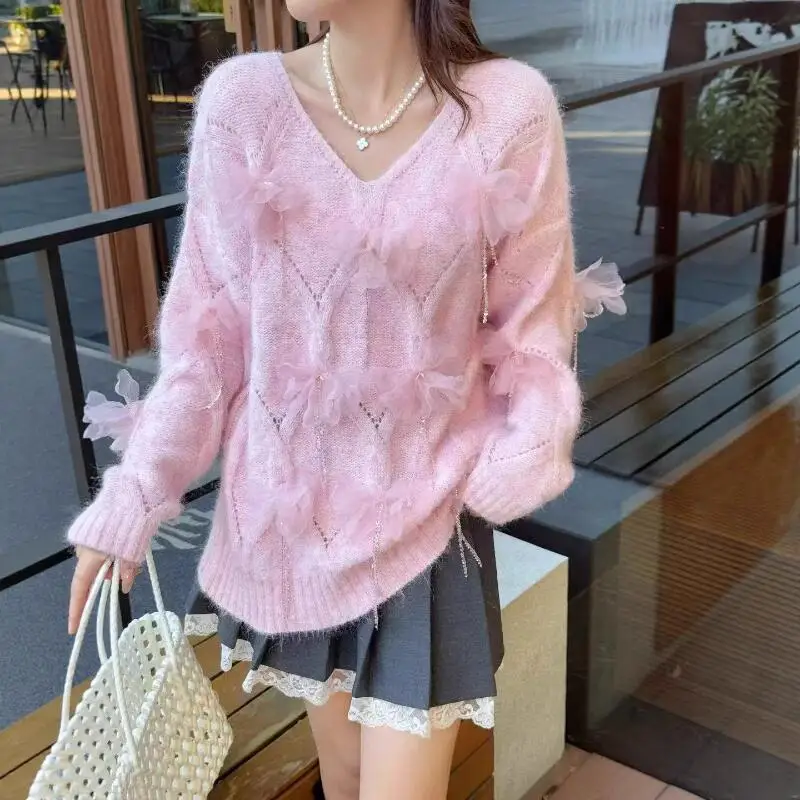 

Осень-зима 2022, новая мода, комфортный дизайн больших размеров, сказочный стиль, трехмерный бант, v-образный вырез, вязаные свитера с длинными рукавами