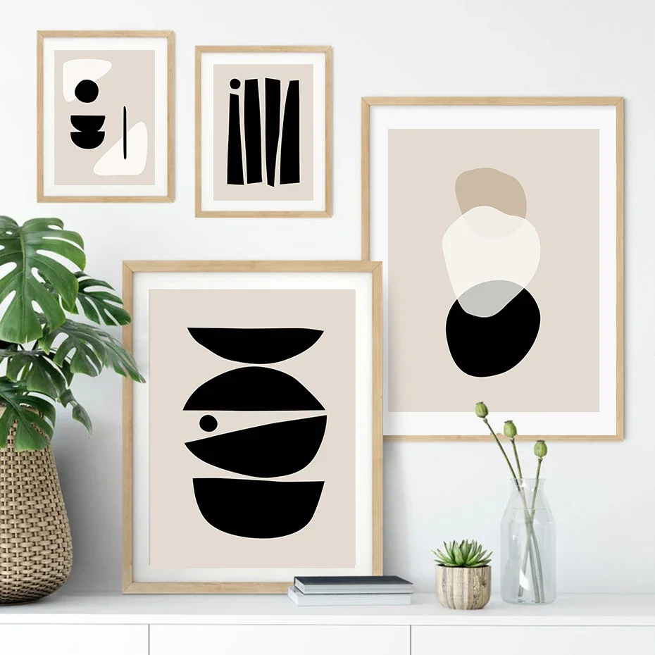 1pc frameless Canvas painting Abstract Geometric Beige Black Boho Minimalist Poster Canvas Painting Print Wall Art Pictures L