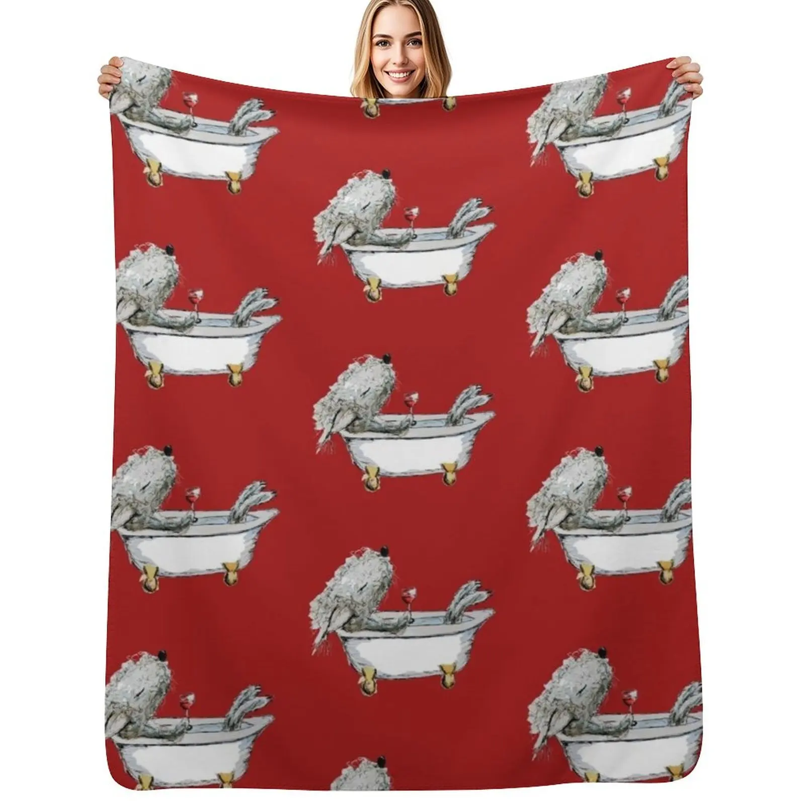 

Bedlington Terrier Dog in a Bathtub, Red Background Throw Blanket Picnic Luxury Thicken Flannels Beach Blankets