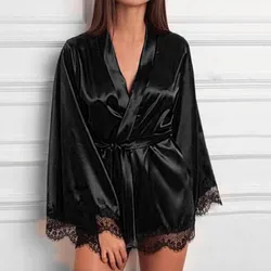 Women Sexy Lace Splice Slik Satin Nightdress Long Sleeve V Neck Waistband Nightgown Sleepwear Robe Solid Color Lace-up Bathrobe