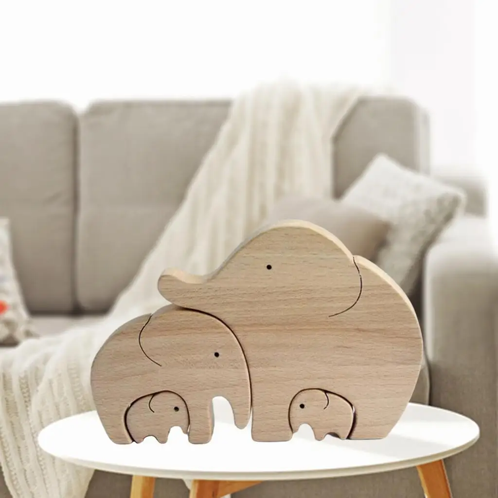 Handcrafted Wood Wild Animal Figurines Elephant Dad Mom Baby Statue for Bookshelf Cabinet Decor Centerpiece Gift