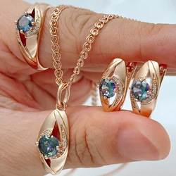 Kienl Hot Colorful Natural Zircon Ring Earrings Necklace for Women Luxury 585 Rose Gold Color Daily Wear 3pcs Jewelry Sets