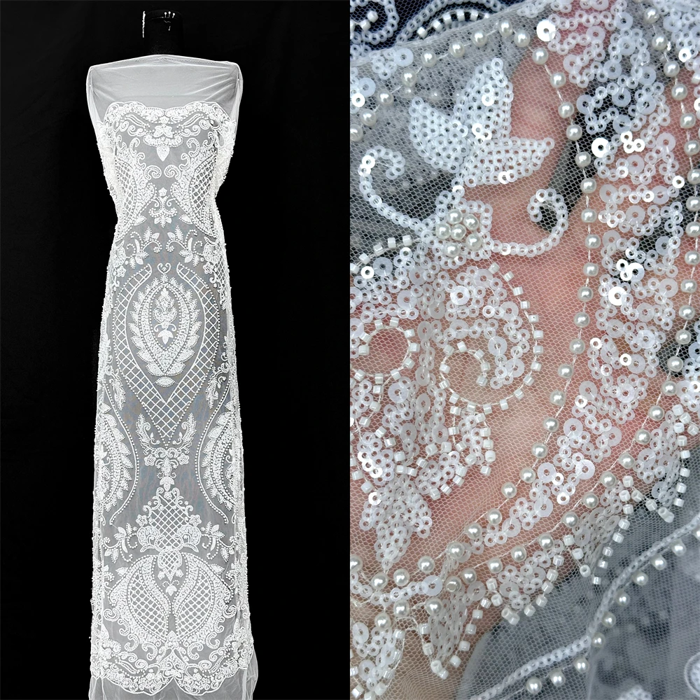 Tela de encaje con cuentas de lentejuelas africanas de 5 yardas, bordado nigeriano francés de alta calidad para Material de costura de boda