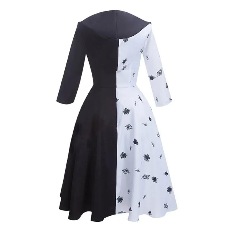 Cruella De Vil Cosplay Costume 2 Styles Women Gown Black White Maid Dress with Gloves Hoodie Skirt Wigs Outfits Halloween Party