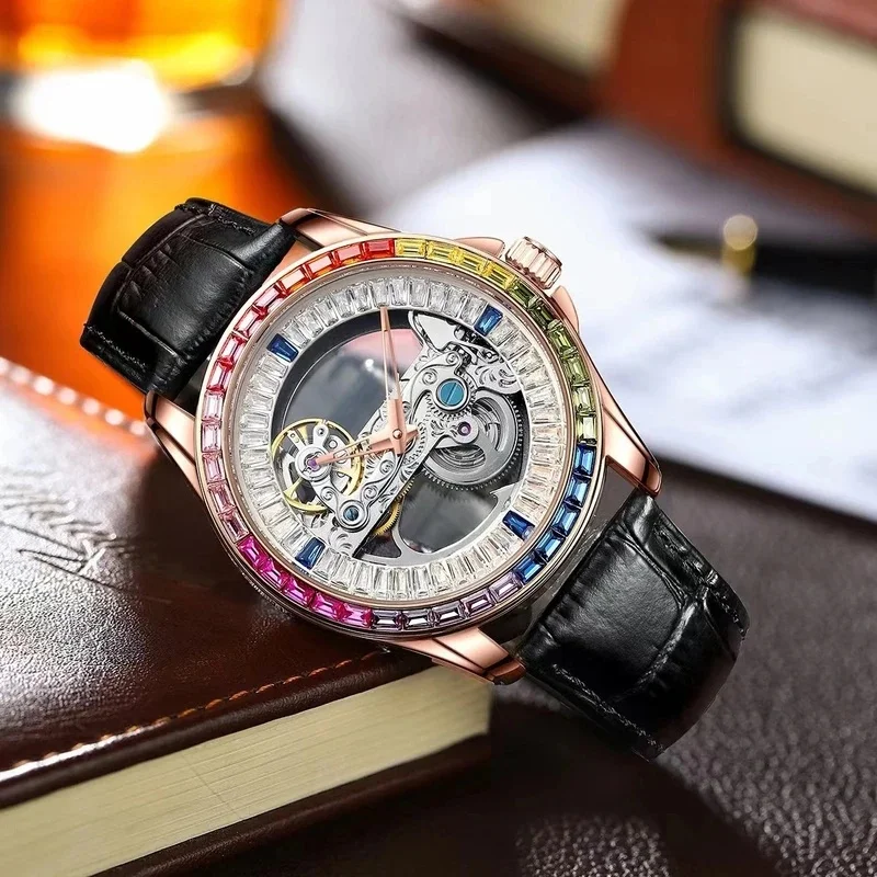 AILANG Men's Transparent Skeleton Automatic Mechanical Watch, Luxury Double-Sided Hollow Design, Waterproof Original Wristwatch