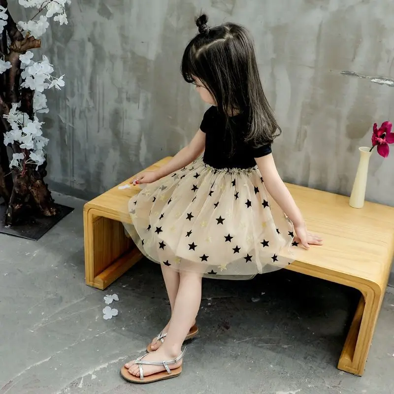 Summer Toddler Girl Dress Casual Birthday Party Star Shaggy Dress for 2-6Y Kids Princess Star Pattern Tulle Tutu Dress