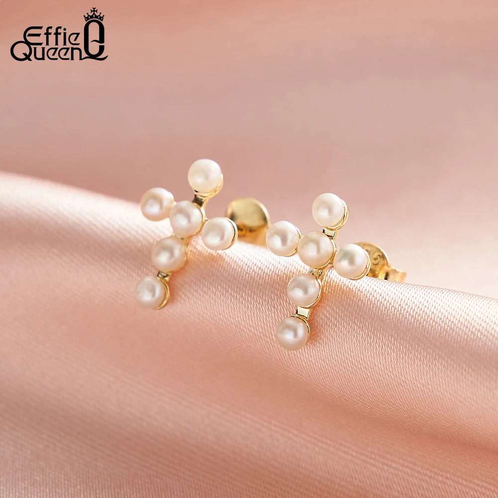 Effie Queen 2.5-3mm 12pcs Natural Freshwater Oval Pearl Stud Earrings 925 Sterling Silver Cross Design Ear Decor Present GPE108