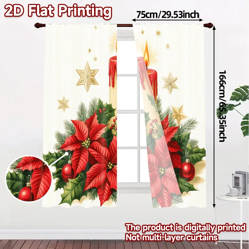 2pcs,Curtains Christmas Candles Poinsettias Ornaments (3) Contemporary Popular Curtains Versatile 100% Polyester Curtains