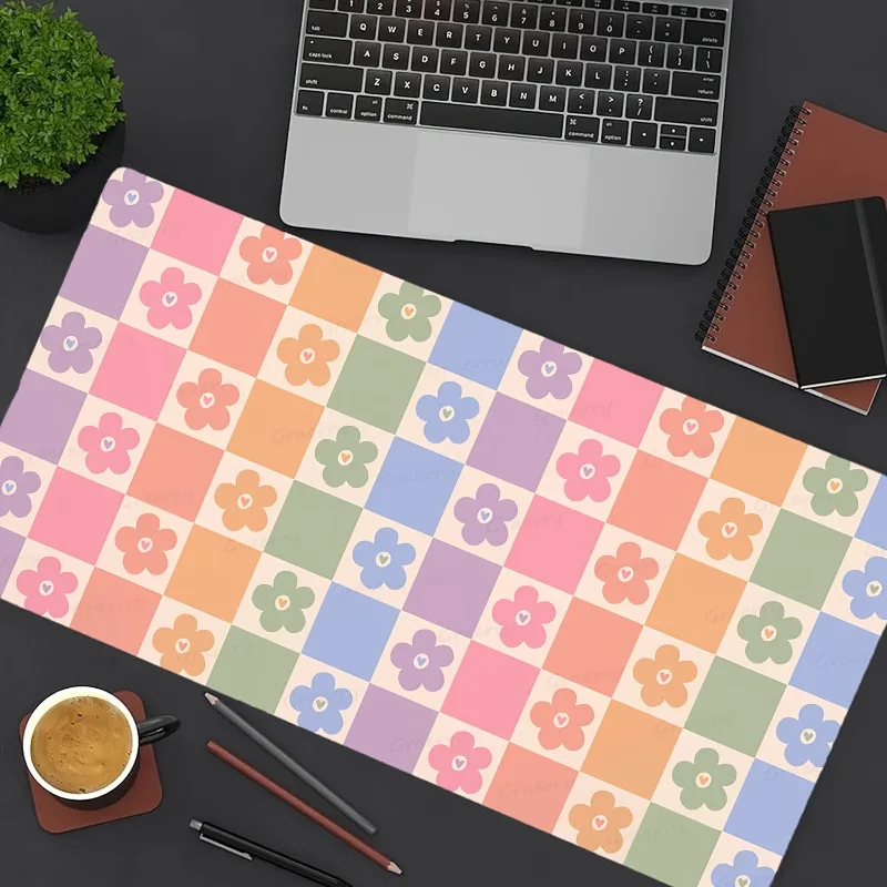 

Большой коврик для стола с цветочным узором и клеткой, игровой коврик для мыши для ПК и ноутбука, нескользящая основа, коврик для клавиатуры и стола, аксессуары для офисного компьютера