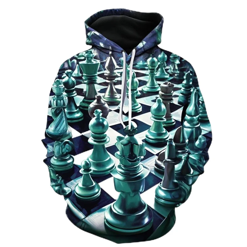 3D Printed Fashion Chess Hoodies For Men Funny Chessman Graphic Pullovers Casual Hooded Oversized Tops Sweatshirts Long Sleeves