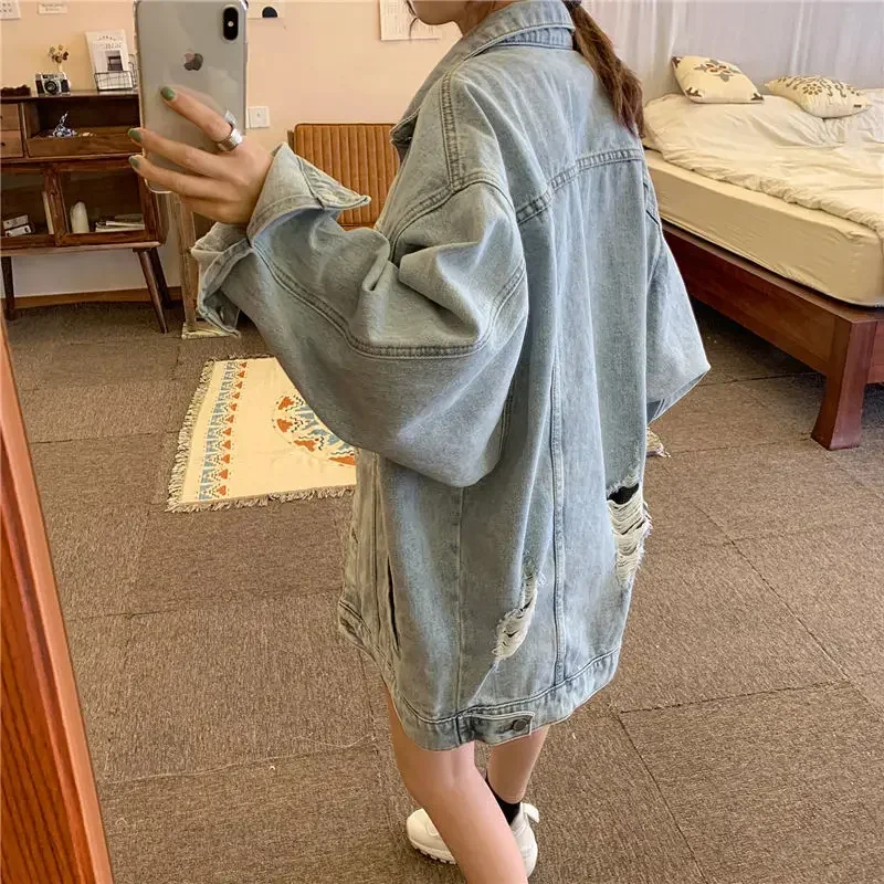 New Korean Style Denim Jackets Women Solid Color Ripped Outerwear Office Lady Oversized Female Vintage Large Size 4XL Loose Coat