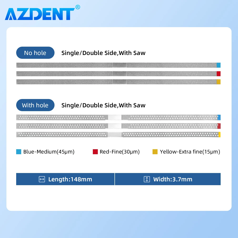 AZDENT 치과 다이아몬드 연마 스트립 모래, 구멍 유무, 단일 양면 연마, 치아 미백, 팩 당 5 개, 15, 30, 45 μm