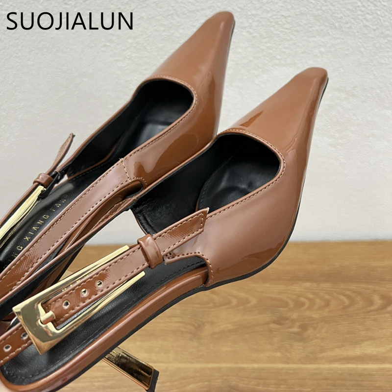 SUOJIALUN Spring New Brand Women Sandal Fashion Pointed Toe Shallow Slip On Slingback Shoes Thin High Heel Outdoor Dress Pumps