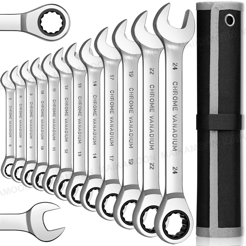 Metric Ratchet Wrench Set Combination Ended Spanner Kits With Rolling Pouch Perfect for General Household, Garage,Car Repair