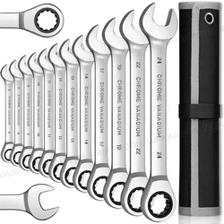 Metric Ratchet Wrench Set Combination Ended Spanner Kits With Rolling Pouch Perfect for General Household, Garage,Car Repair