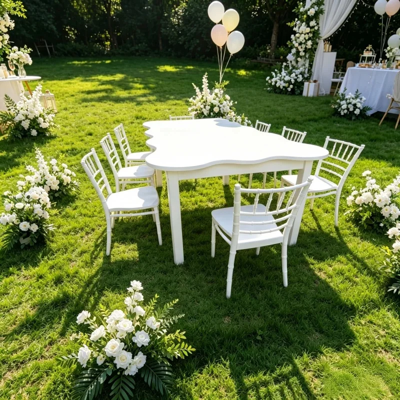 Economic Easy to Move White Furniture Wave Shape Foldable Table with Chairs for Kids Outdoor Parties Birthday Events and Rentals