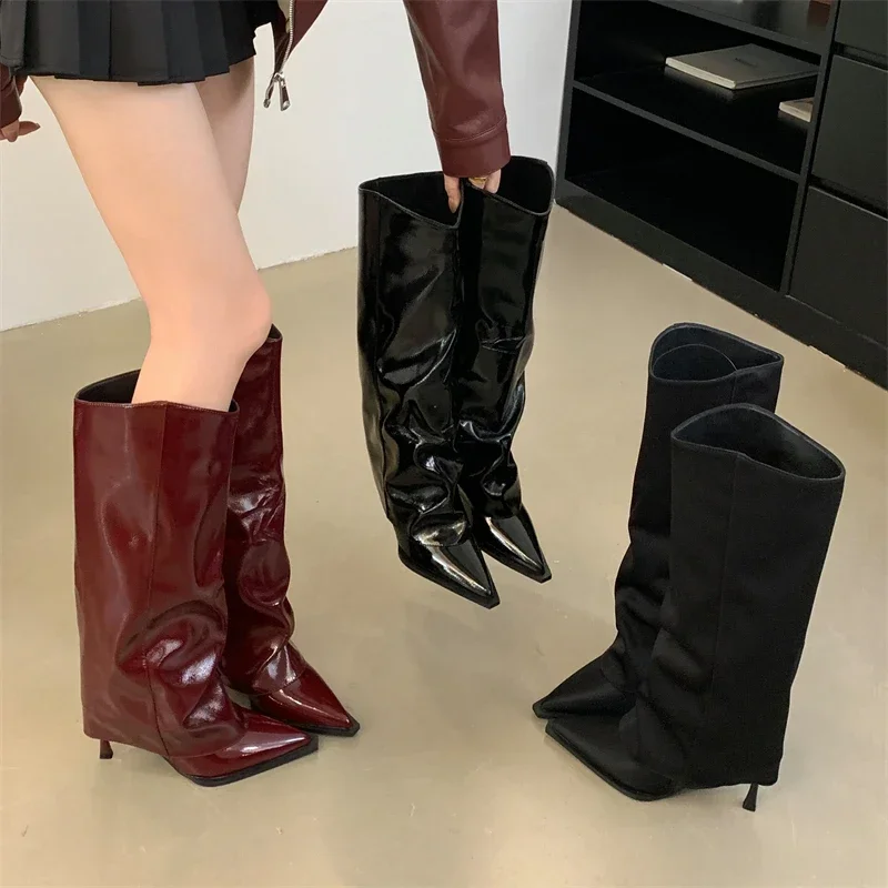

Aneikeh/модные красные свадебные пикантные женские сапоги до колена с острым носком, стильная вечерние осенне-зимняя обувь на тонком высоком каблуке