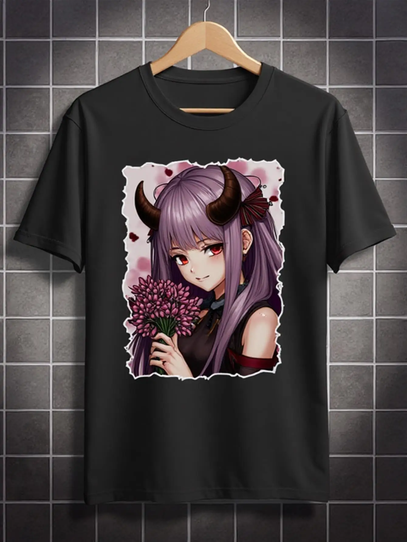 

T-Shirt with Purple-Haired Girl and Japanese Manga Art Print, Soft 100% Pure Cotton, Casual Round Neck Short-Sleeve Shirt, Durable Heat-Transfer Pattern, Suitable for Exhibitions, Daily Wear, and as a Gift for Anime Fans, Fashionable Black