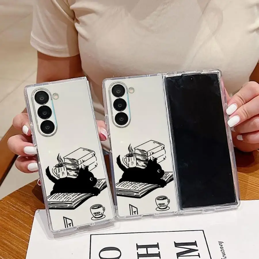 Book Lover Coffee Cat Phone Funda Case for Samsung Galaxy Z Fold 8 Ultra ZFold3 Z Fold 7 6 5 4 3 ZFold4 ZFold6 ZFold7 ZFold5