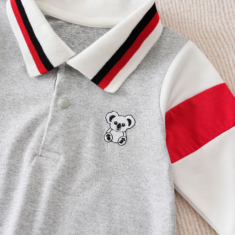 Newborn Long Sleeve Polo Collar Romper Cartoon Embroidery Color Block Baby Jumpsuit Multi Color Infant Outfit