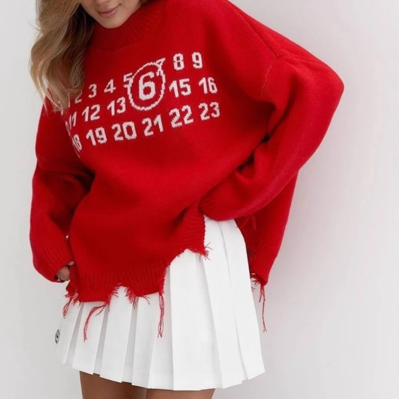 

Lazy Drape Letter Jacquard Sweater Women's Hem Tattered Fringed Design Woolen Top Jacket