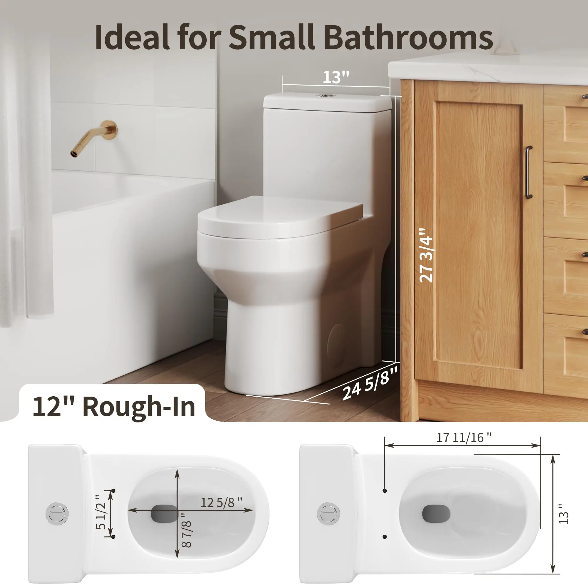 Compact One Piece Toilet with Comfortable Seat Height Modern Standard Toilet for Small Bathroom Dual Flush 1.1/1.6 GPF