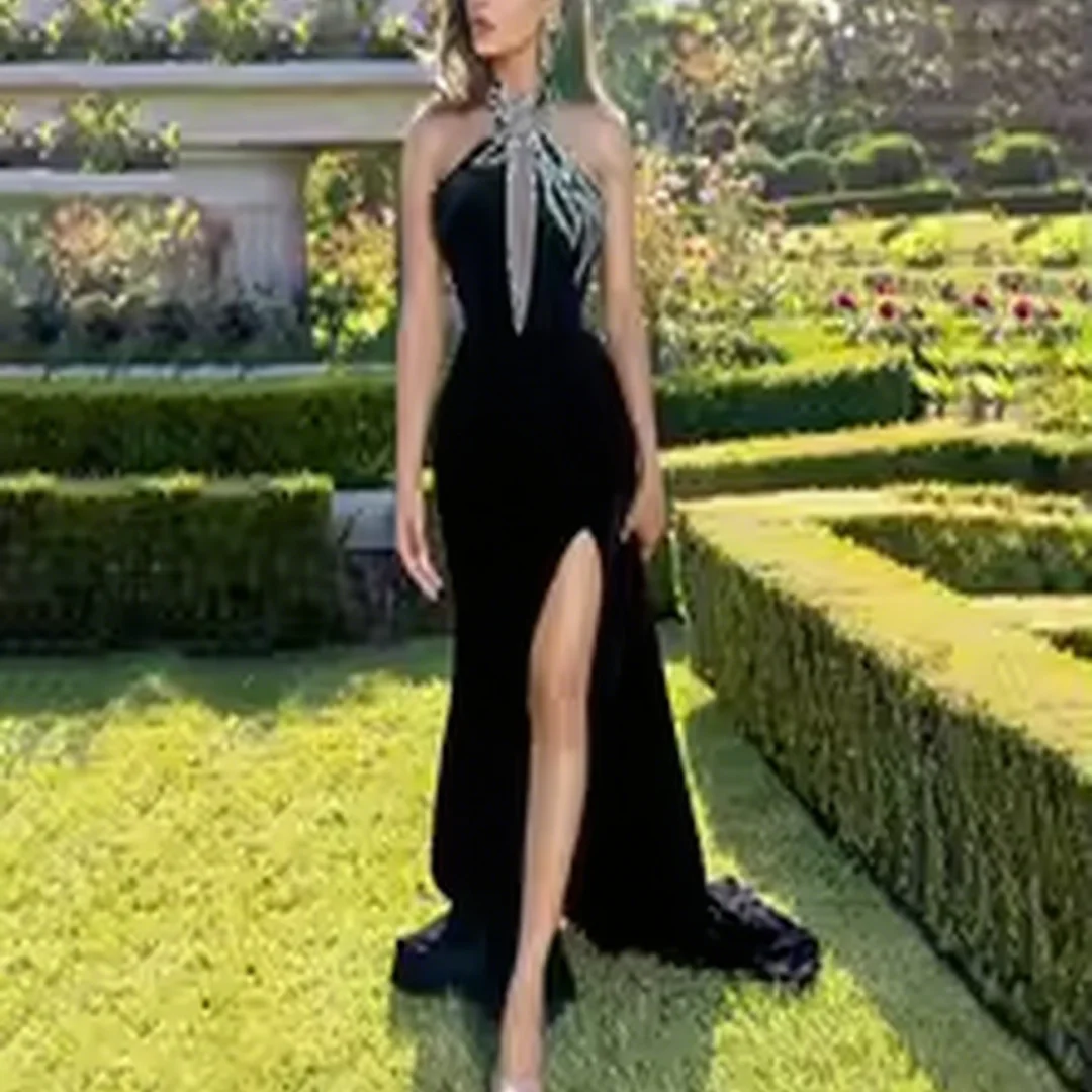 

Customized Halter Sleeveless Beading Sequined Split Backless formal evening dresses birthday party prom gowns for women